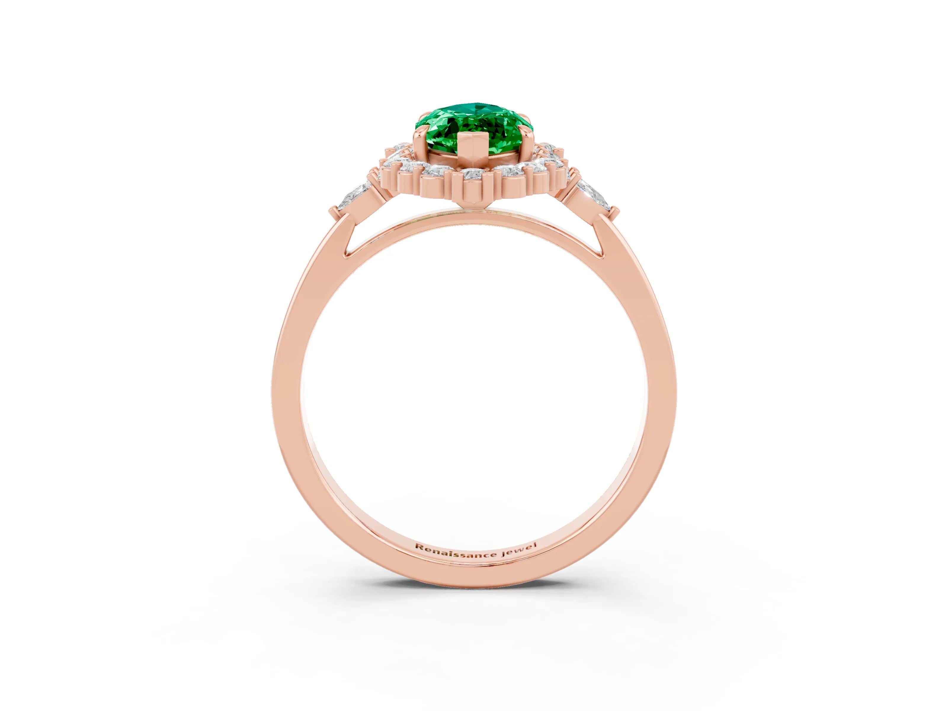 Rose gold Marquise Cut Emerald Halo Ring with Pear Side Stones and Prong Setting_15