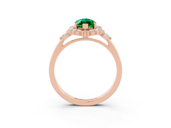 Rose gold Marquise Cut Emerald Halo Ring with Pear Side Stones and Prong Setting