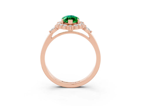 Rose gold Marquise Cut Emerald Halo Ring with Pear Side Stones and Prong Setting_15