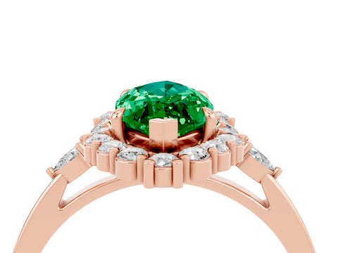 Rose gold Marquise Cut Emerald Halo Ring with Pear Side Stones and Prong Setting_16