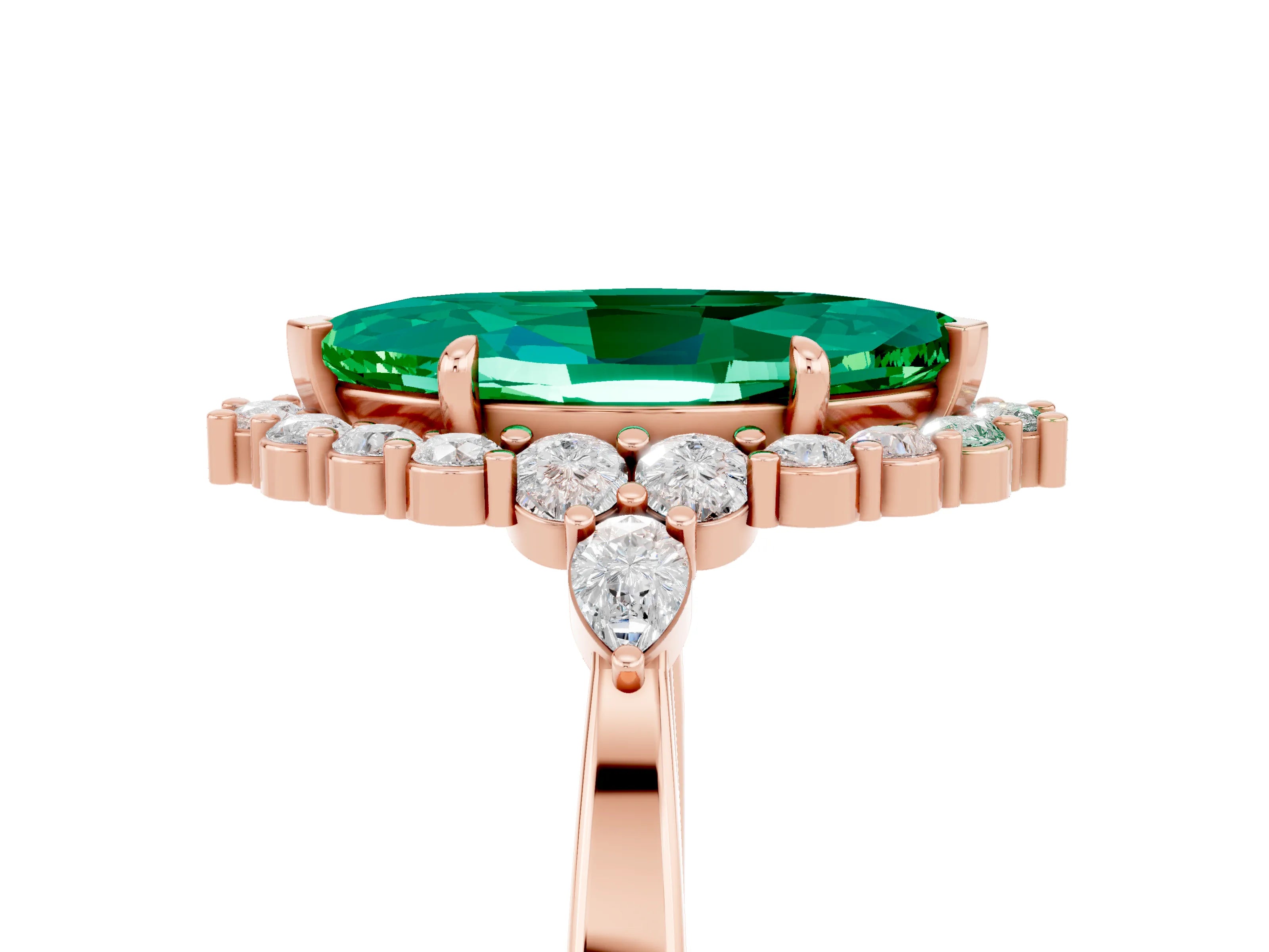 Rose gold Marquise Cut Emerald Halo Ring with Pear Side Stones and Prong Setting_17