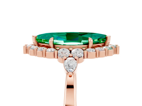 Rose gold Marquise Cut Emerald Halo Ring with Pear Side Stones and Prong Setting_17