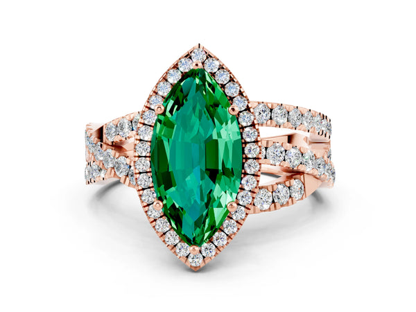Rose gold Marquise Cut Emerald Halo Ring with Round Split Shank and Prong Setting
