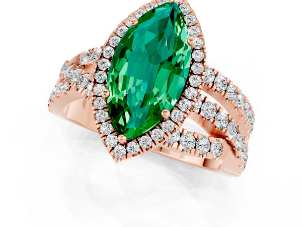 Rose gold Marquise Cut Emerald Halo Ring with Round Split Shank and Prong Setting
