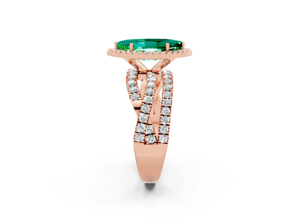 Rose gold Marquise Cut Emerald Halo Ring with Round Split Shank and Prong Setting