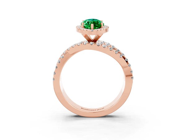 Rose gold Marquise Cut Emerald Halo Ring with Round Split Shank and Prong Setting
