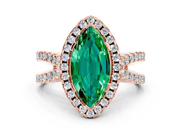 Rose gold Marquise Cut Emerald Halo Ring with Split Shank Pavé Band and Prong Setting
