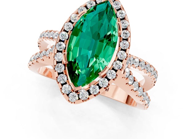 Rose gold Marquise Cut Emerald Halo Ring with Split Shank Pavé Band and Prong Setting