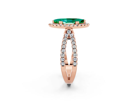 Rose gold Marquise Cut Emerald Halo Ring with Split Shank Pavé Band and Prong Setting_2