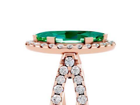Rose gold Marquise Cut Emerald Halo Ring with Split Shank Pavé Band and Prong Setting_5