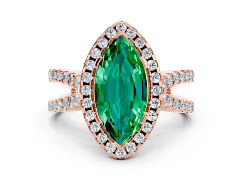 Rose gold Marquise Cut Emerald Halo Ring with Split Shank Pavé Band and Prong Setting