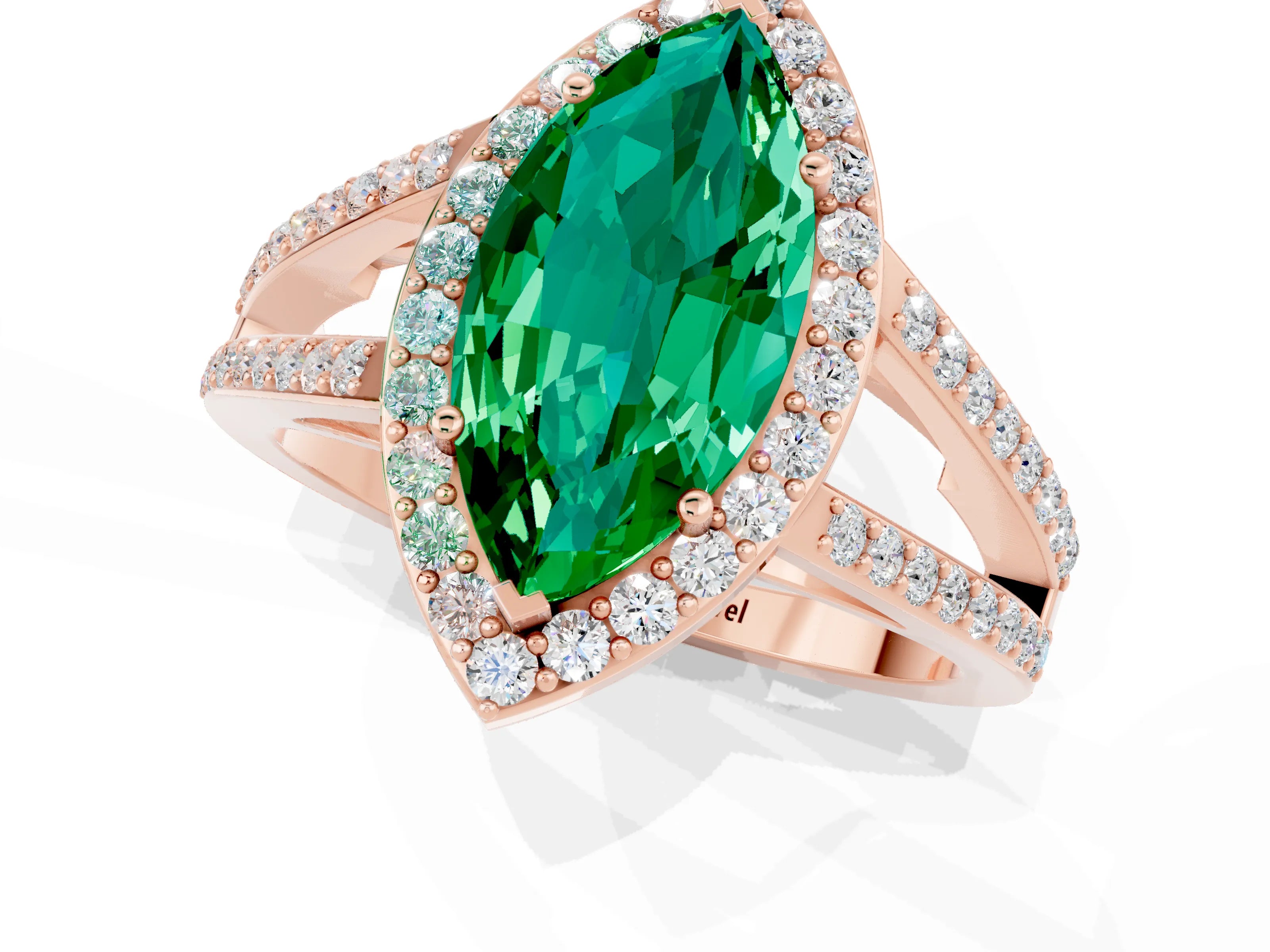 Rose gold Marquise Cut Emerald Halo Ring with Split Shank U-Prong Band and Four-Prong Setting_1