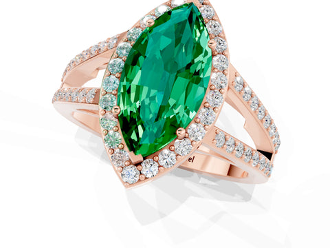 Rose gold Marquise Cut Emerald Halo Ring with Split Shank U-Prong Band and Four-Prong Setting_1