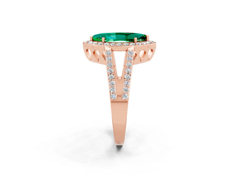 Rose gold Marquise Cut Emerald Halo Ring with Split Shank U-Prong Band and Four-Prong Setting_2
