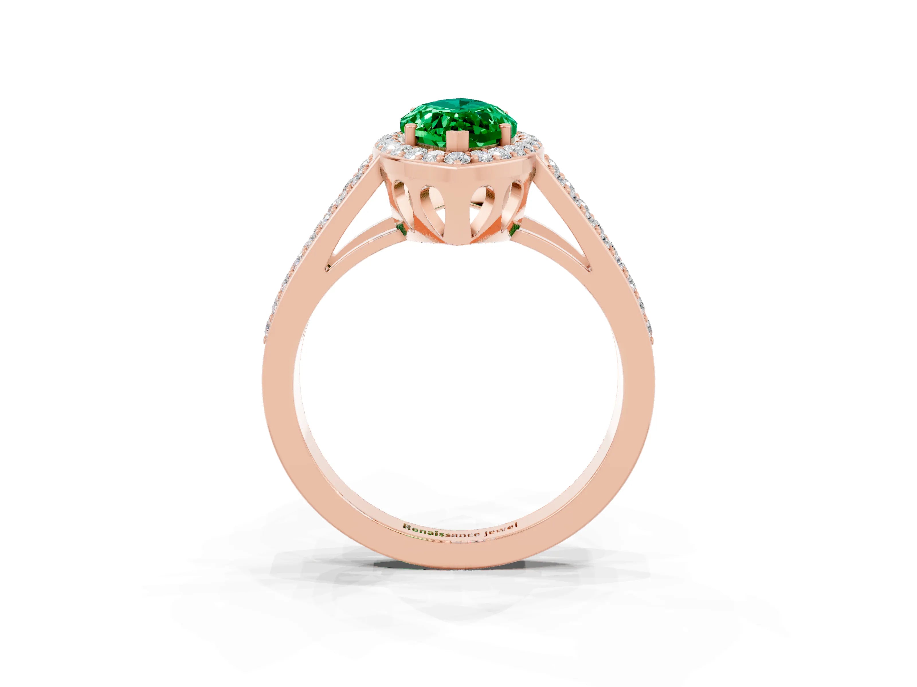 Rose gold Marquise Cut Emerald Halo Ring with Split Shank U-Prong Band and Four-Prong Setting_3
