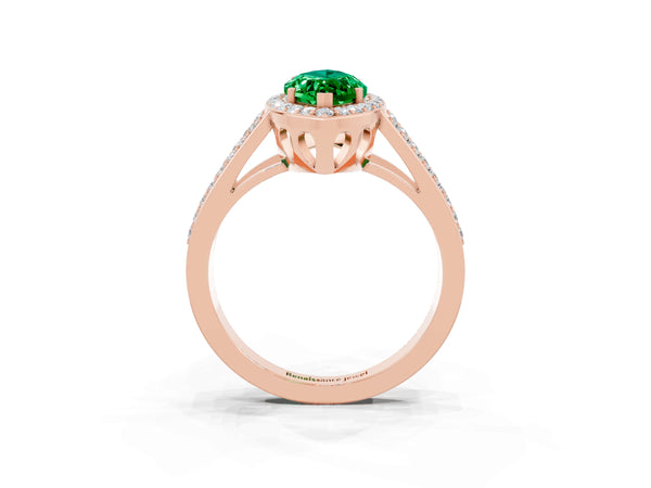 Rose gold Marquise Cut Emerald Halo Ring with Split Shank U-Prong Band and Four-Prong Setting