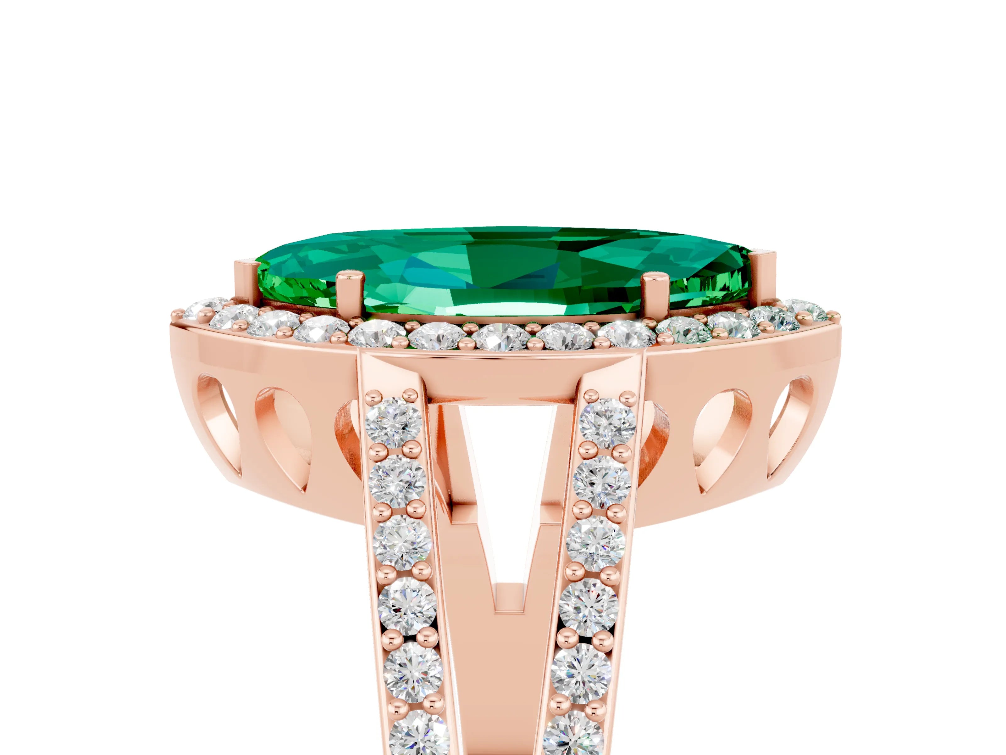 Rose gold Marquise Cut Emerald Halo Ring with Split Shank U-Prong Band and Four-Prong Setting_5