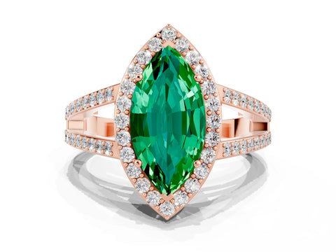 Rose gold Marquise Cut Emerald Halo Ring with Split Shank U-Prong Band and Four-Prong Setting