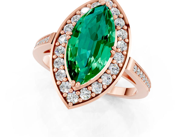 Rose gold Marquise Cut Emerald Halo Ring with Split Shank and Four-Prong Setting