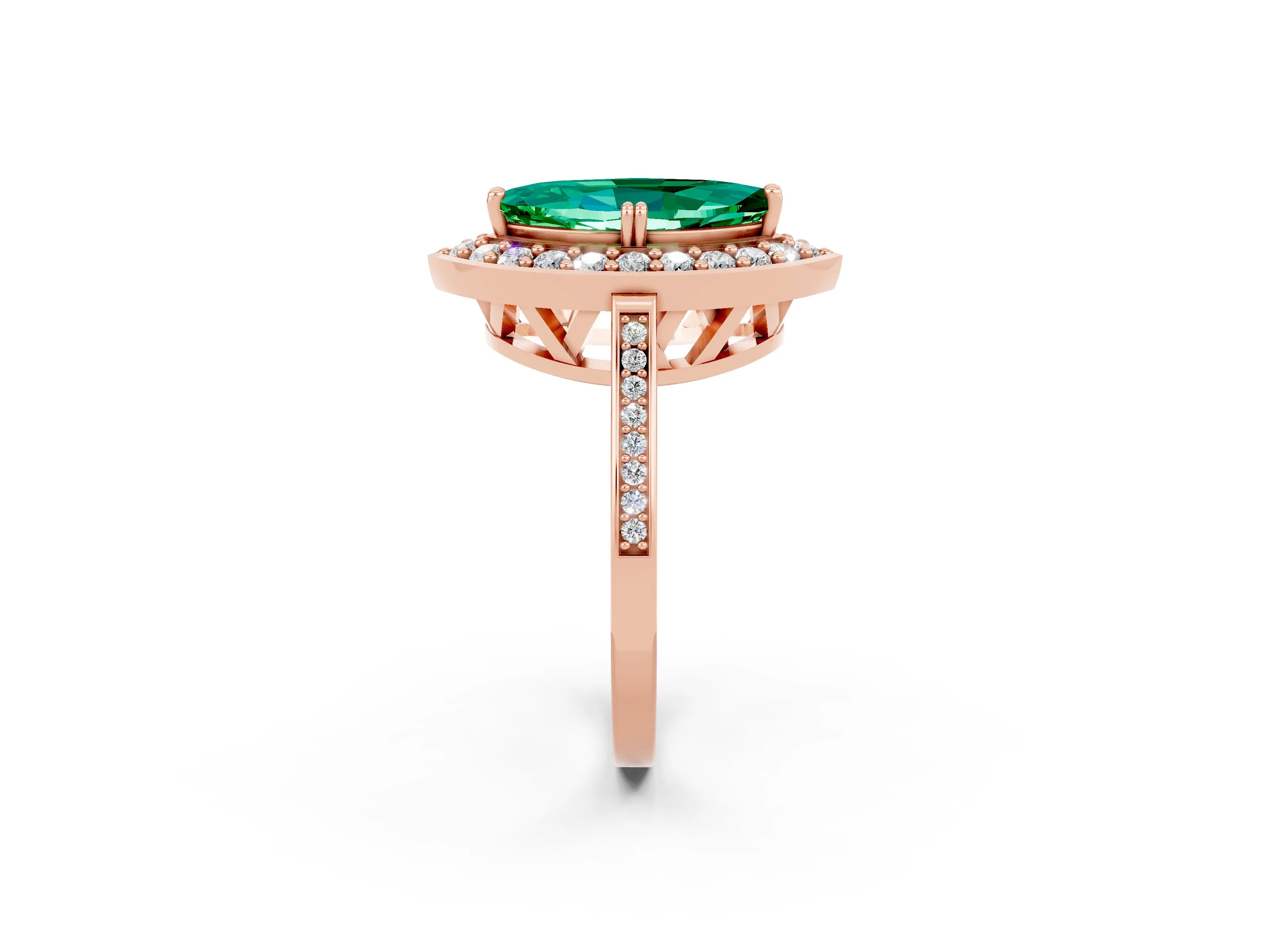 Rose gold Marquise Cut Emerald Halo Ring with Split Shank and Four-Prong Setting_2