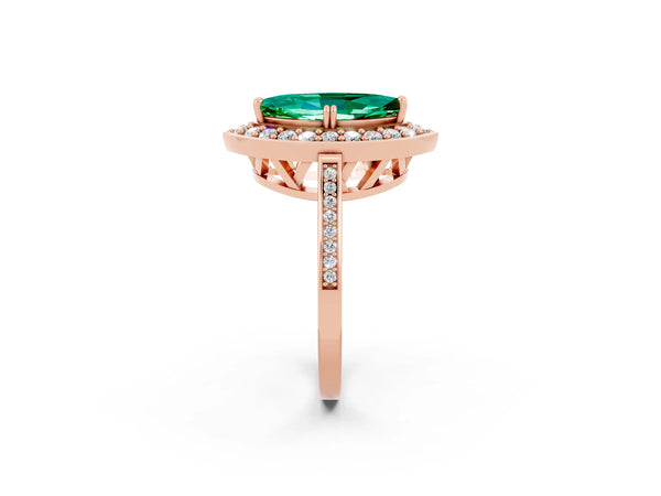 Rose gold Marquise Cut Emerald Halo Ring with Split Shank and Four-Prong Setting