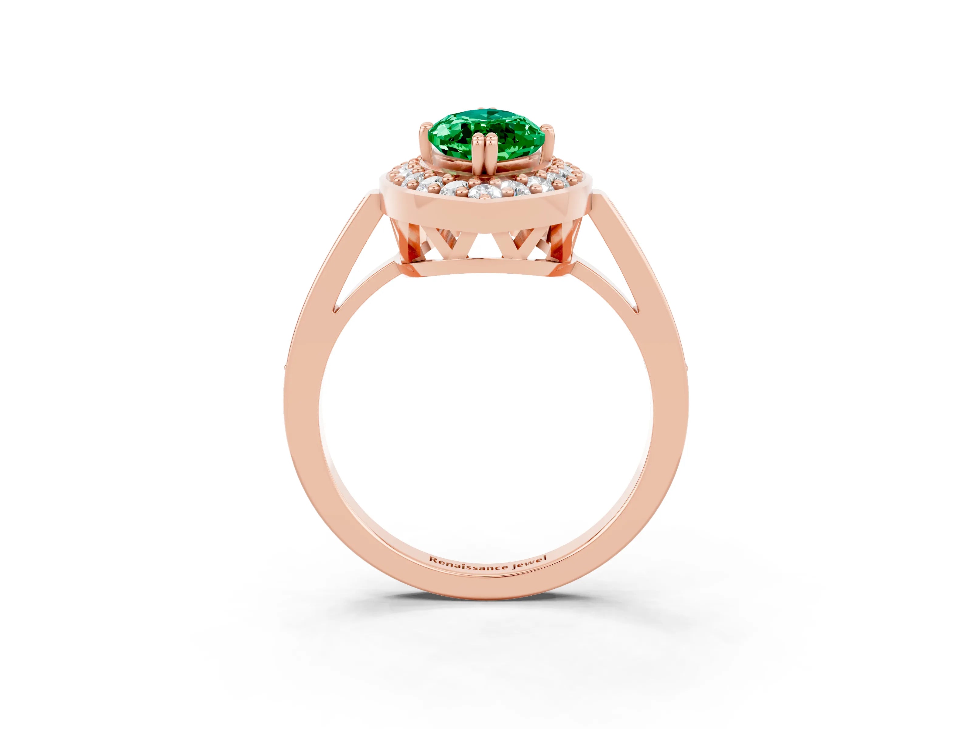 Rose gold Marquise Cut Emerald Halo Ring with Split Shank and Four-Prong Setting_3