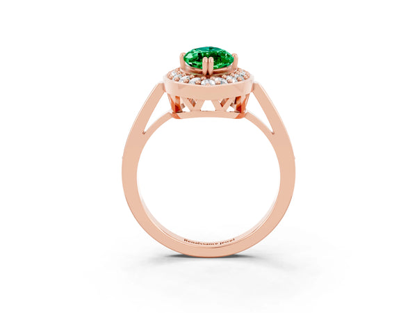 Rose gold Marquise Cut Emerald Halo Ring with Split Shank and Four-Prong Setting