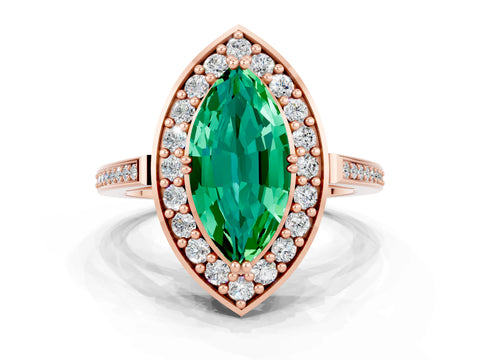 Rose gold Marquise Cut Emerald Halo Ring with Split Shank and Four-Prong Setting