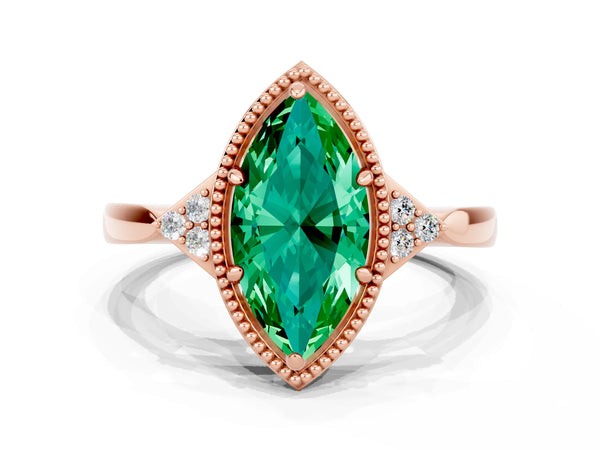 Rose gold Marquise Cut Emerald Halo Ring with Tapered Band and Four-Prong Setting