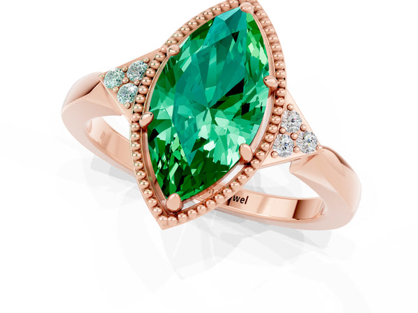 Rose gold Marquise Cut Emerald Halo Ring with Tapered Band and Four-Prong Setting