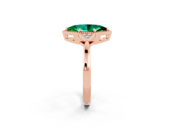 Rose gold Marquise Cut Emerald Halo Ring with Tapered Band and Four-Prong Setting