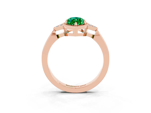 Rose gold Marquise Cut Emerald Halo Ring with Tapered Band and Four-Prong Setting
