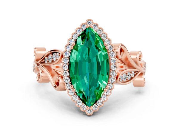 Rose gold Marquise Cut Emerald Halo Ring with Vintage Split Shank and Four-Prong Setting