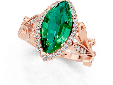 Rose gold Marquise Cut Emerald Halo Ring with Vintage Split Shank and Four-Prong Setting_1