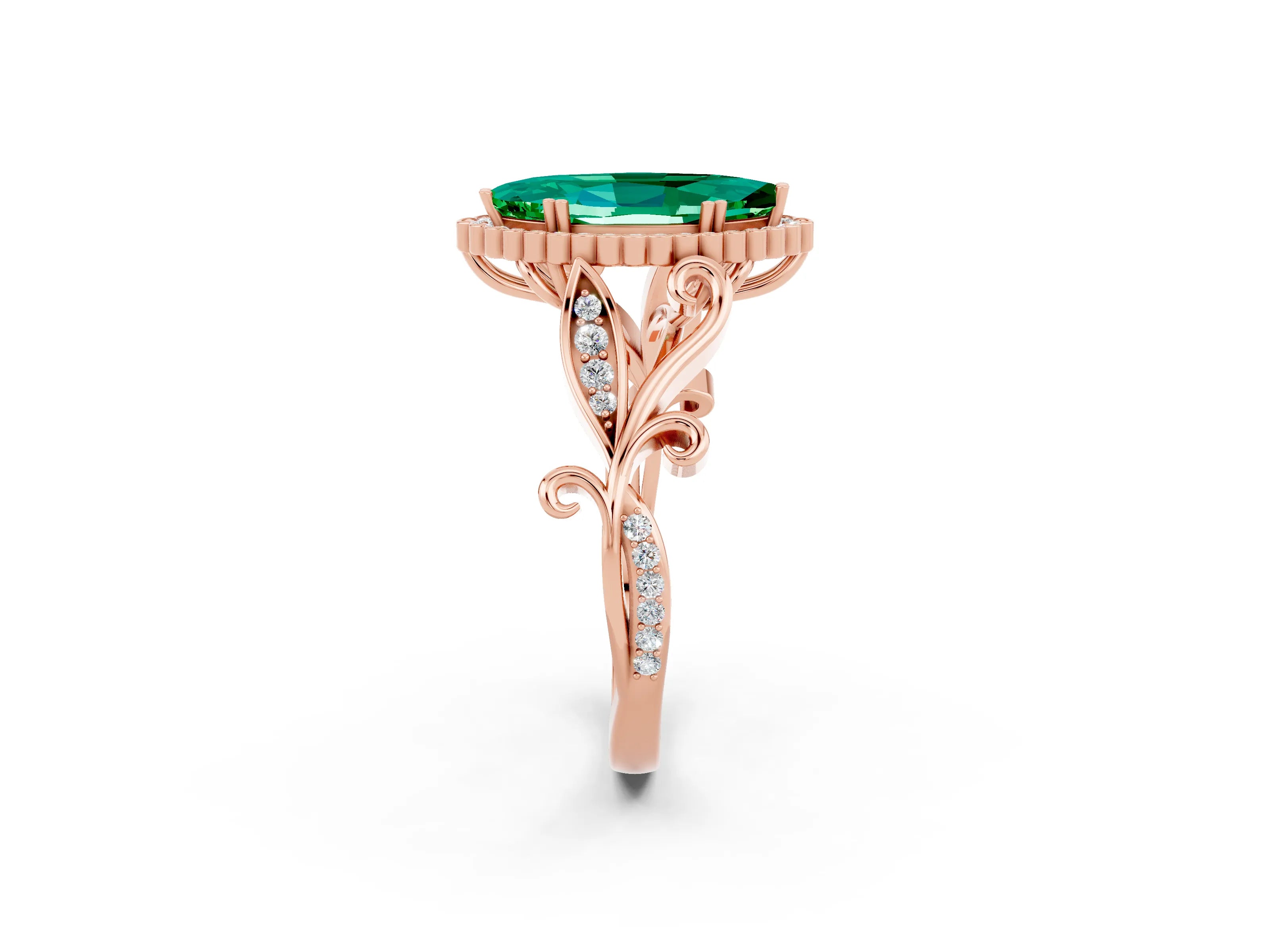 Rose gold Marquise Cut Emerald Halo Ring with Vintage Split Shank and Four-Prong Setting_2
