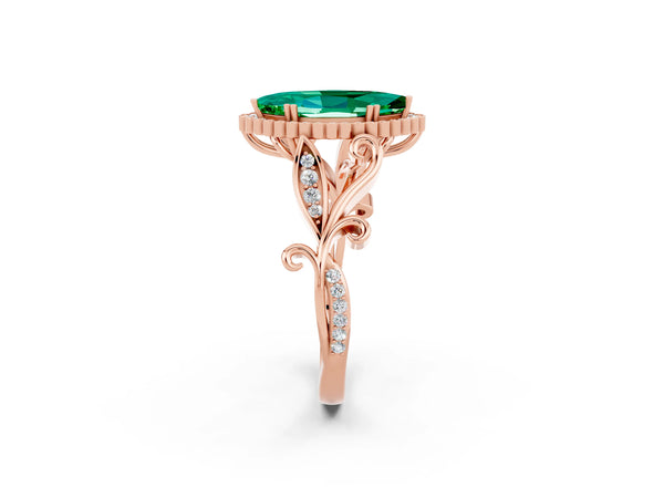 Rose gold Marquise Cut Emerald Halo Ring with Vintage Split Shank and Four-Prong Setting