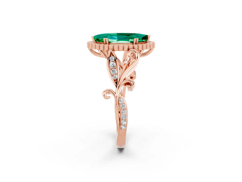 Rose gold Marquise Cut Emerald Halo Ring with Vintage Split Shank and Four-Prong Setting_2