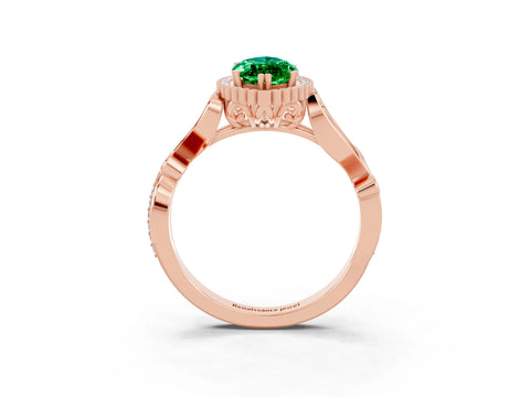 Rose gold Marquise Cut Emerald Halo Ring with Vintage Split Shank and Four-Prong Setting_3
