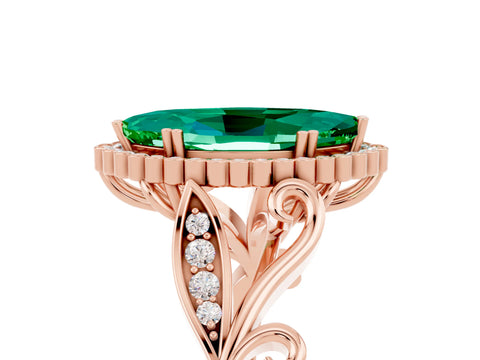 Rose gold Marquise Cut Emerald Halo Ring with Vintage Split Shank and Four-Prong Setting_5