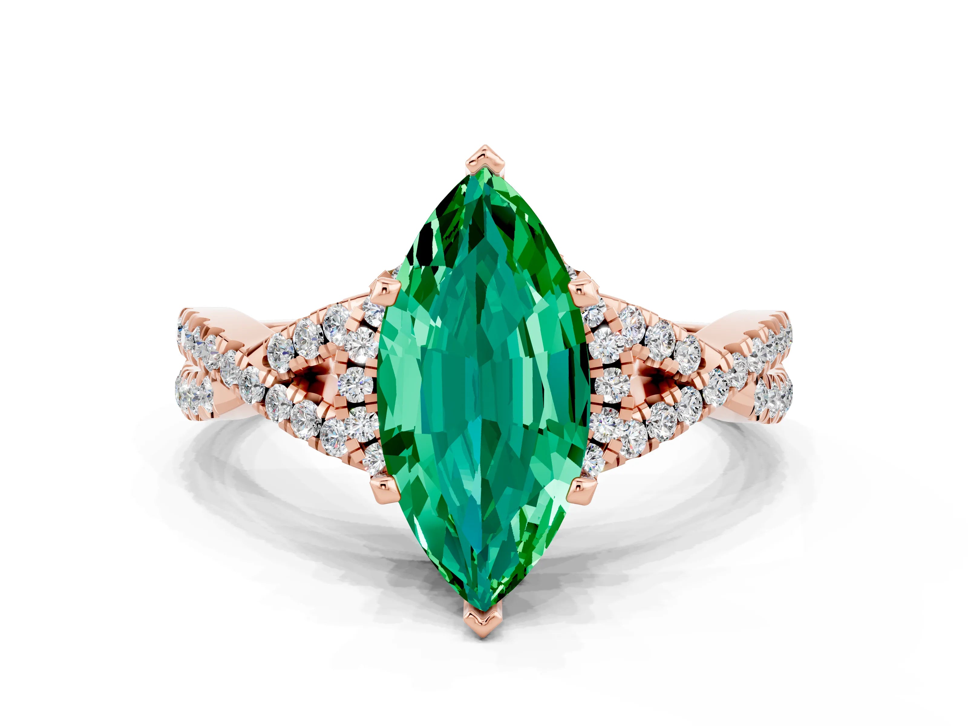Rose gold Marquise Cut Emerald Halo Twist Band Solitaire Prong Setting Ring