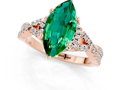 Rose gold Marquise Cut Emerald Halo Twist Band Solitaire Prong Setting Ring_1