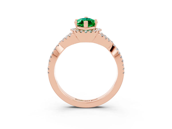 Rose gold Marquise Cut Emerald  Halo Twist Band Solitaire Prong Setting Ring