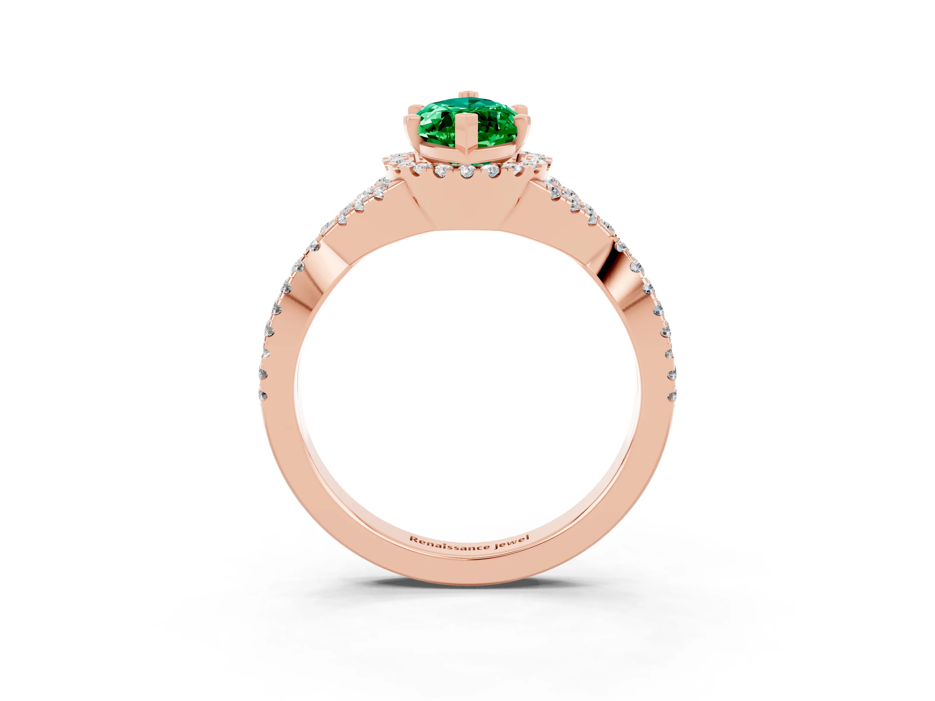 Rose gold Marquise Cut Emerald Halo Twist Band Solitaire Prong Setting Ring_3