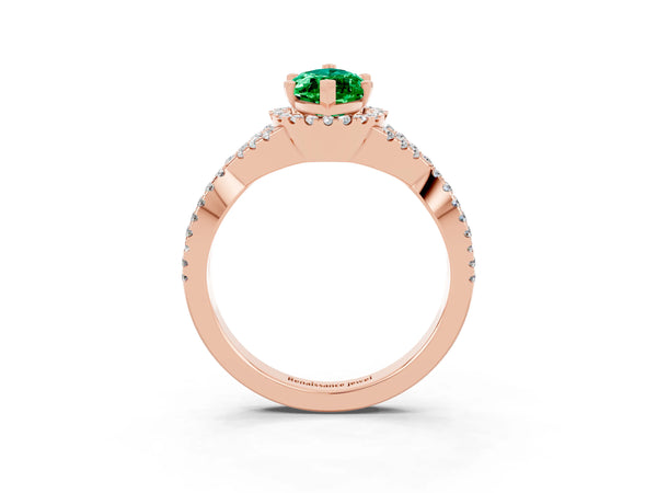 Rose gold Marquise Cut Emerald  Halo Twist Band Solitaire Prong Setting Ring