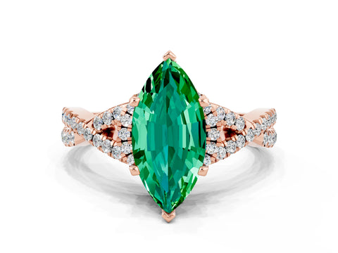 Rose gold Marquise Cut Emerald Halo Twist Band Solitaire Prong Setting Ring