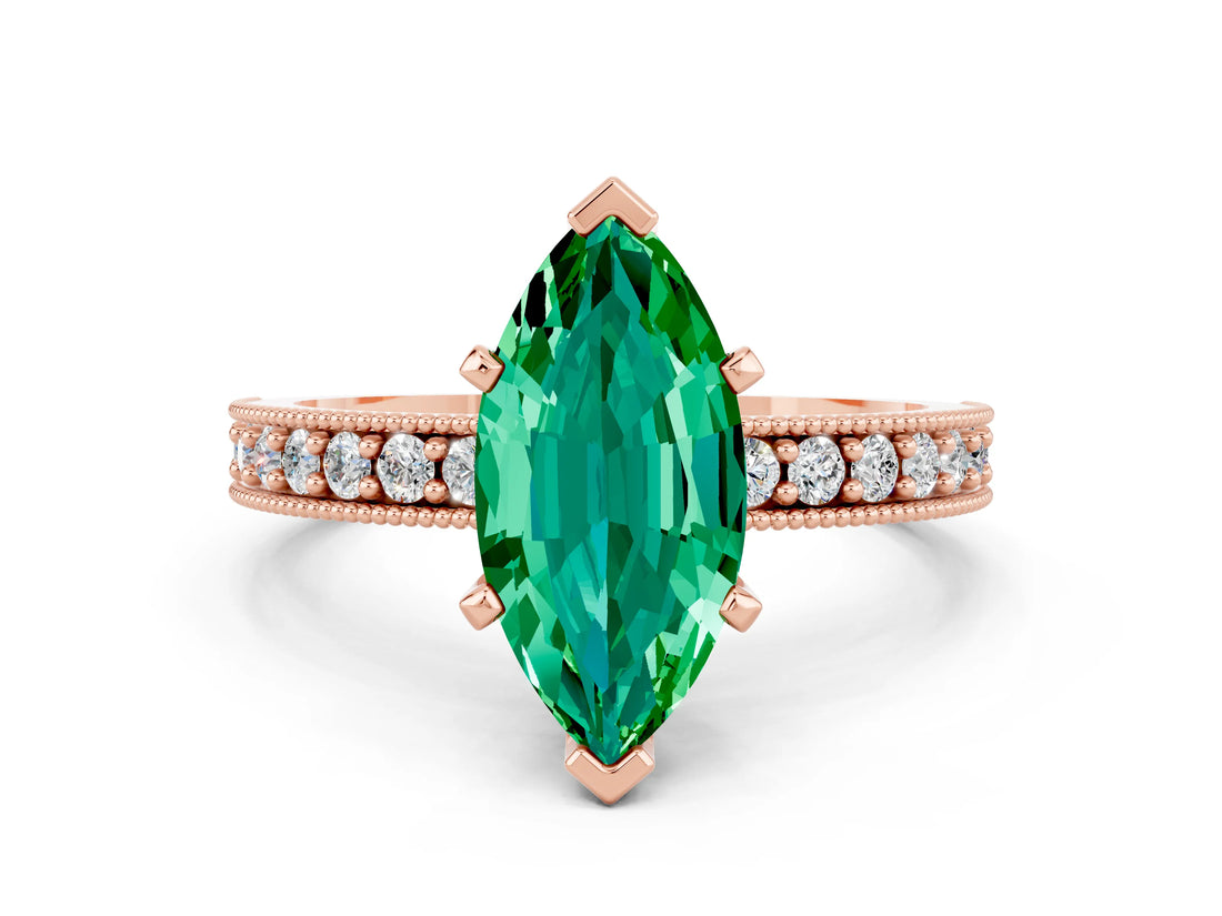 Rose gold Marquise Cut Emerald Milgrain Pavé Engagement Ring with Four-Prong Setting