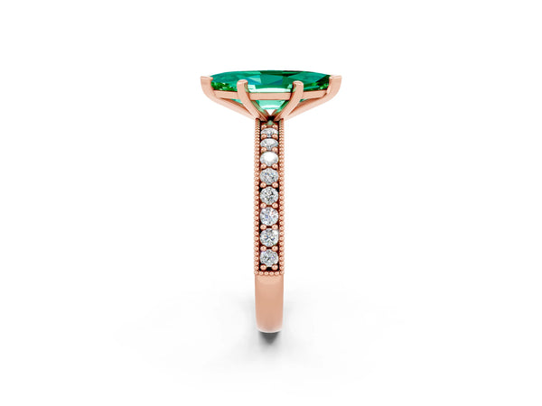 Rose gold Marquise Cut Emerald Milgrain Pavé Engagement Ring with Four-Prong Setting