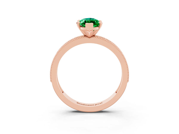 Rose gold Marquise Cut Emerald Milgrain Pavé Engagement Ring with Four-Prong Setting
