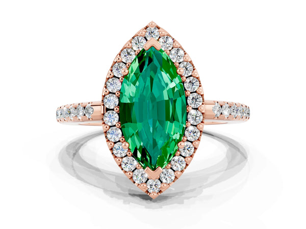 Rose gold Marquise Cut Emerald Pavé Halo Ring with Four-Prong Setting