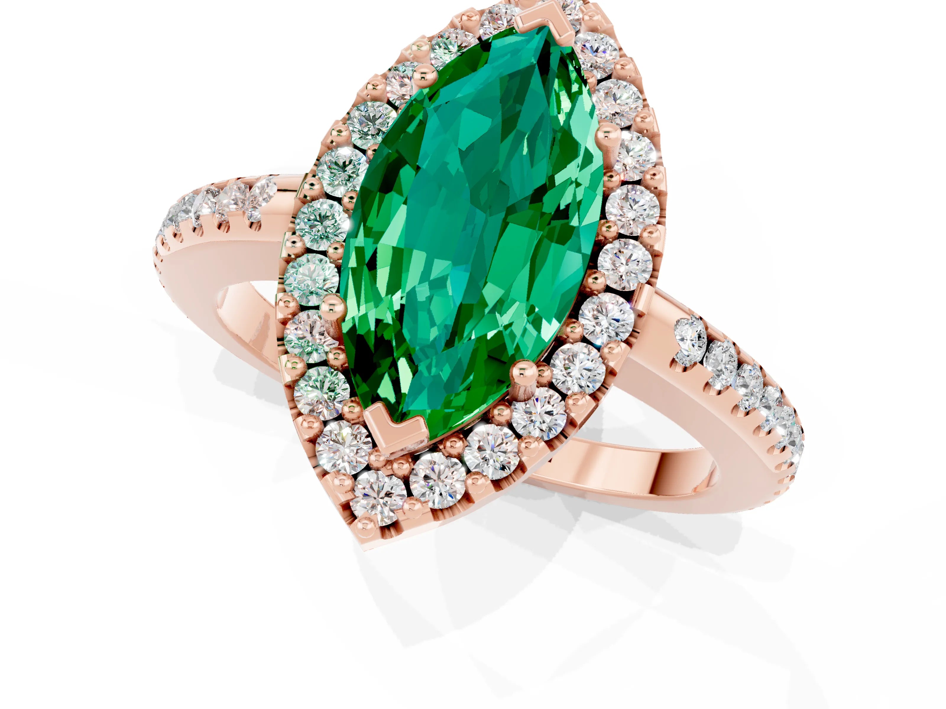 Rose gold Marquise Cut Emerald Pavé Halo Ring with Four-Prong Setting_13